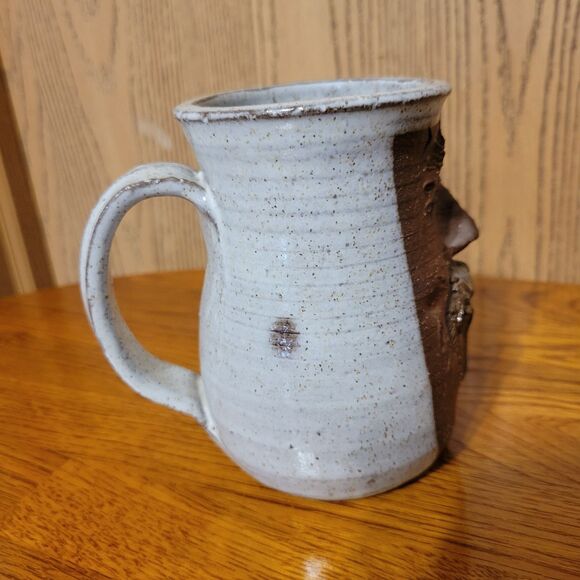 Vintage Handmade Pottery Stoneware Goofy Face Brown Glaze Ceramic Mug Signed - Picture 3 of 5